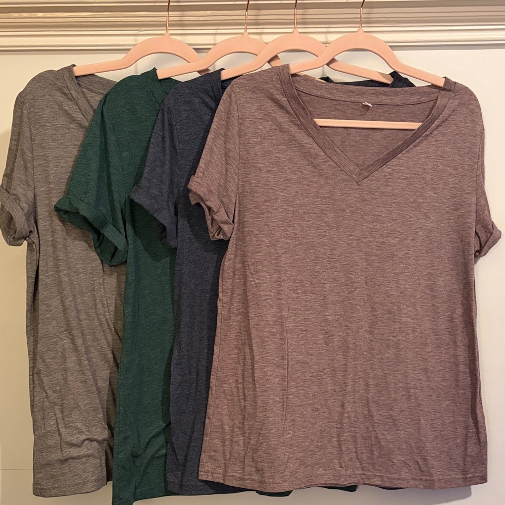 Amazon Casual V-Neck Cuffed Short Sleeve Tops - Gray, Green, Blue, Brown
